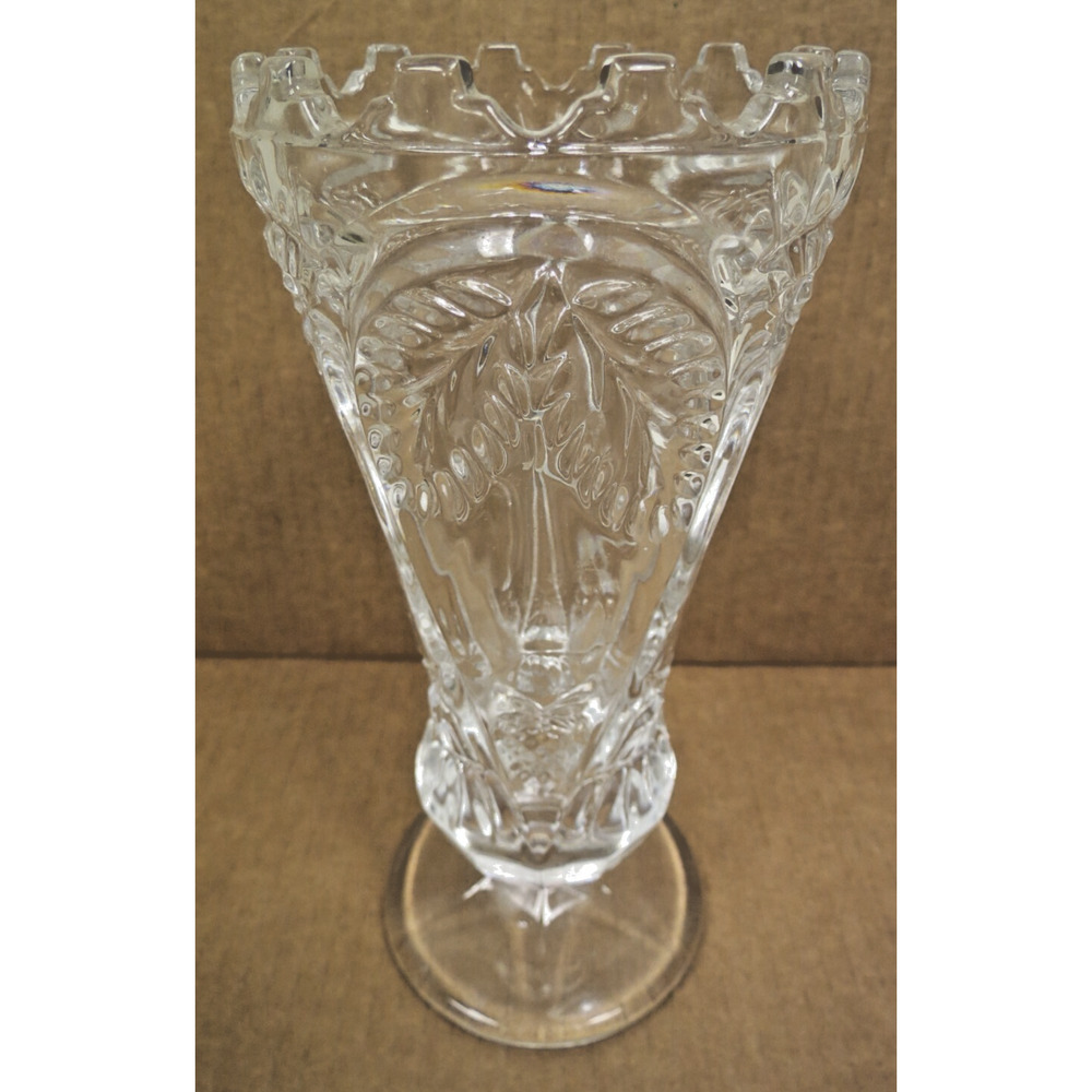 Lead Crystal Glass Hand Cut Pedestal Vase - Strawberry & Pear Design 8"